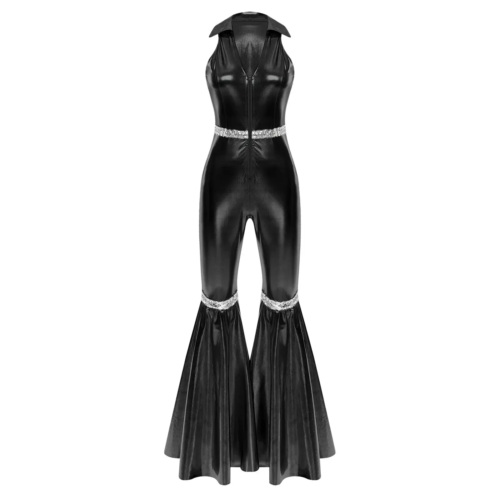 Disco jumpsuit by Simples Market; black faux-leather, V-neck, sleeveless, front zipper, sequined belt and bell-bottom legs.