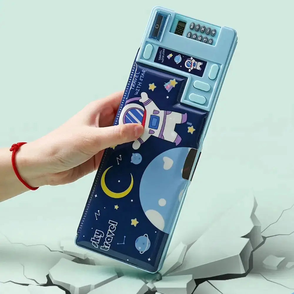 Double-layer pencil case by Simples Market with built-in calculator and sharpener, blue astronaut space design