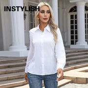 Women's white long-sleeve button-down shirt with turn-down collar