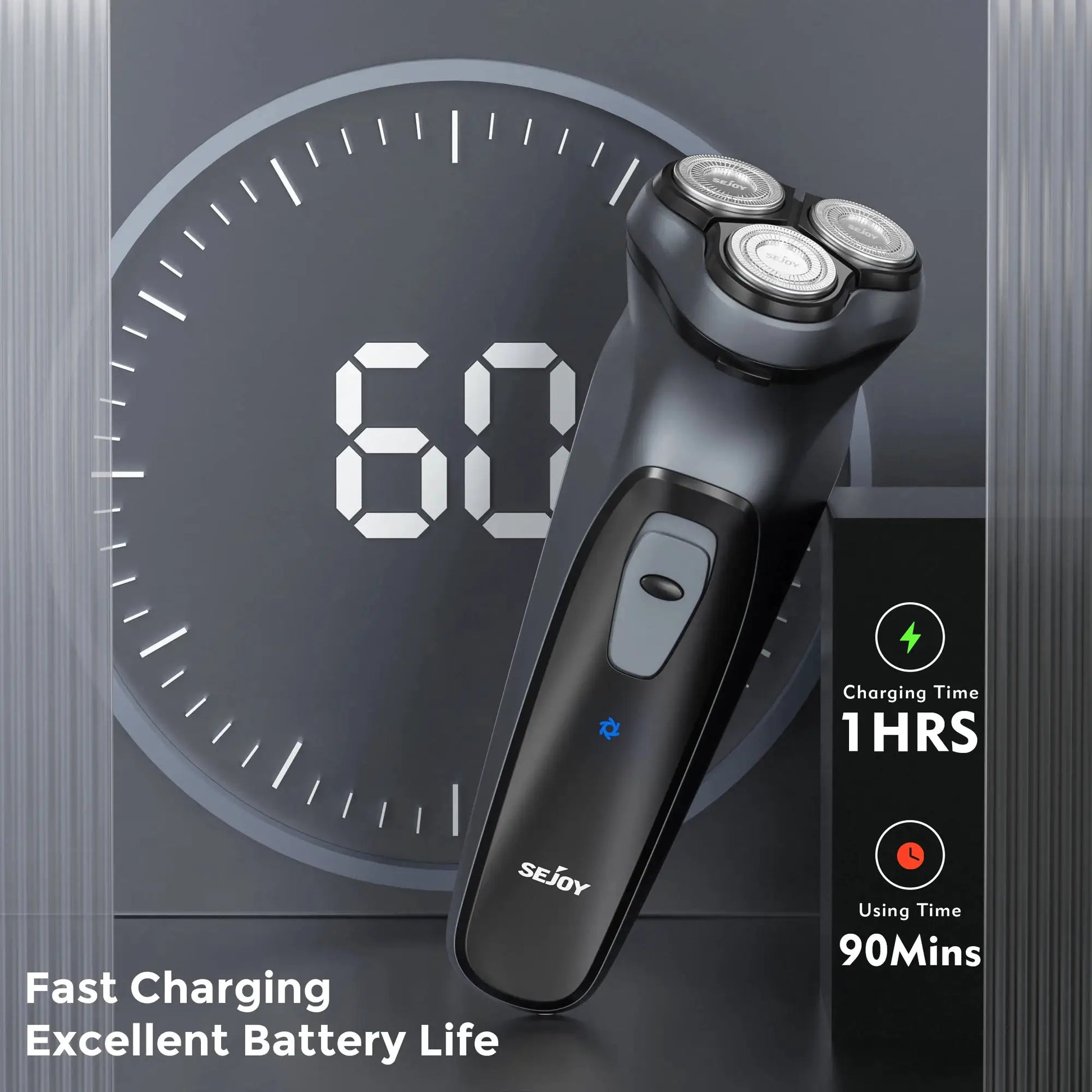 Sejoy electric razor for men, rechargeable rotary shaver with three circular blades.