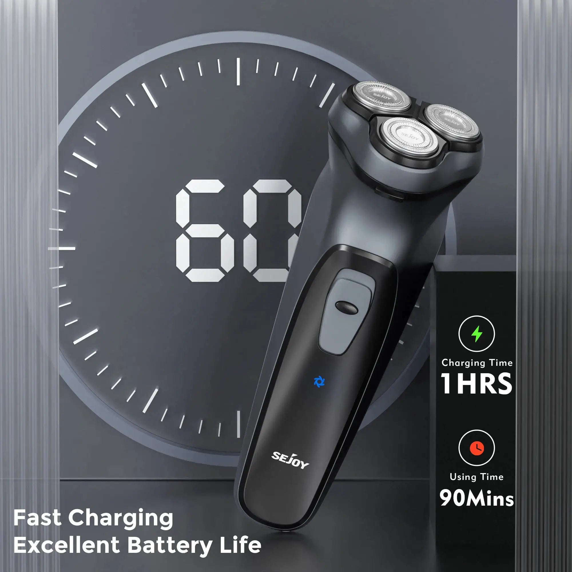 Sejoy electric razor for men, rechargeable rotary shaver with three circular blades.