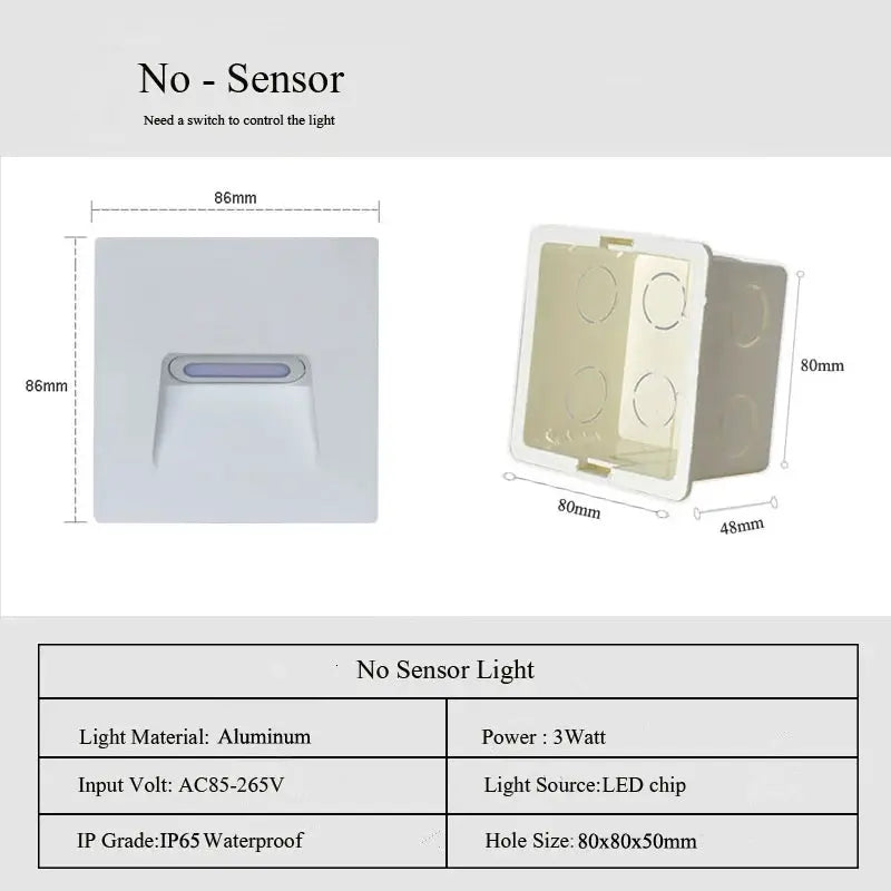 Outdoor recessed wall lamp no-sensor, IP65 waterproof, aluminum, 3W LED light.