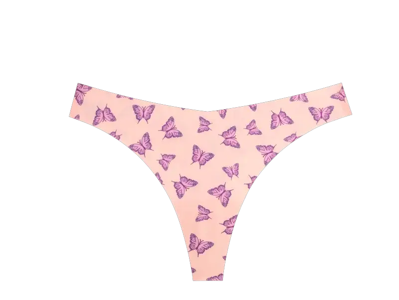 Thong underwear for women, pink with purple butterfly print, seamless ultra-thin fabric