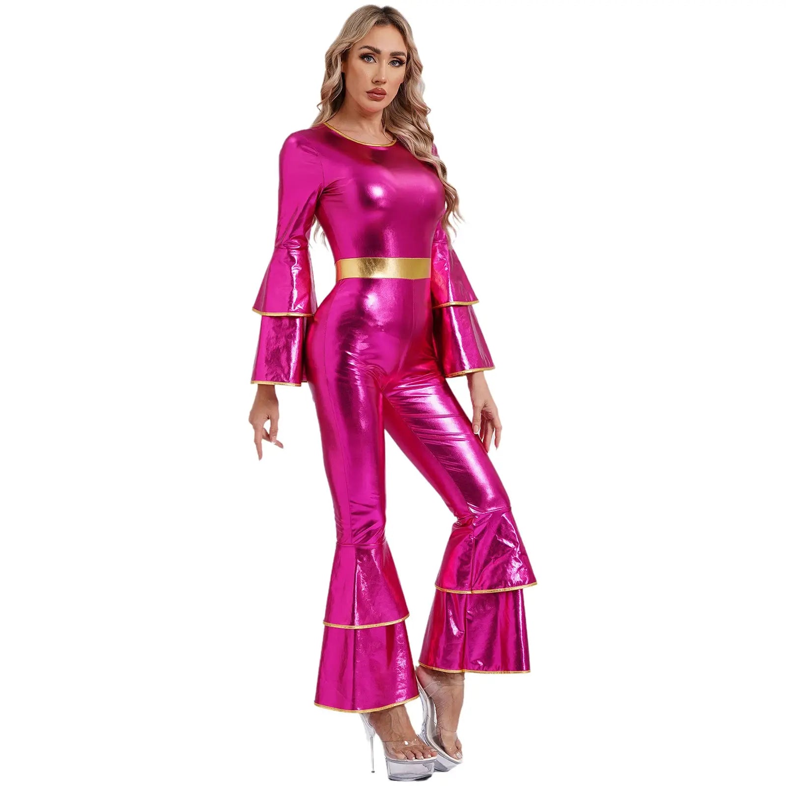 Womens metallic pink disco jumpsuit with gold belt and flared bell sleeves by Simples Market