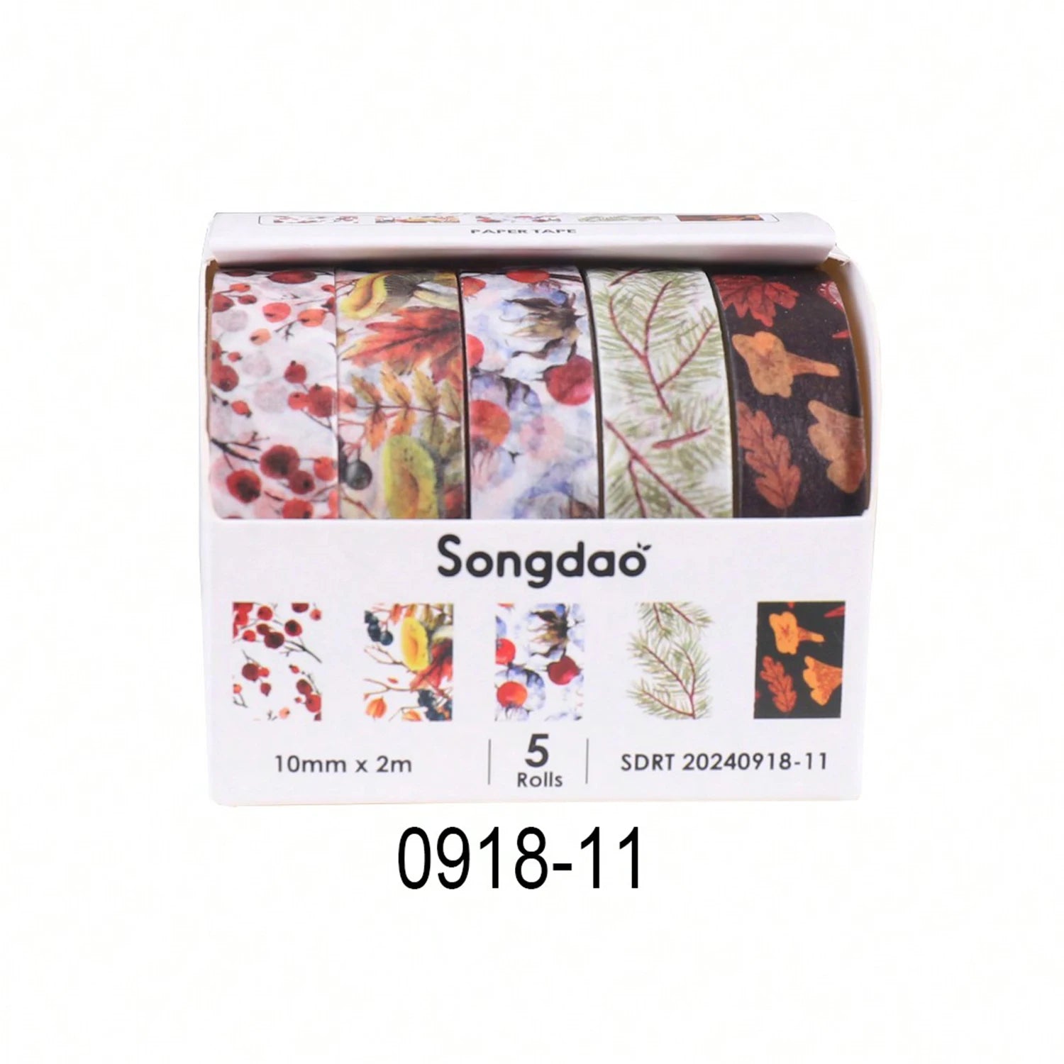 Boxed set of 5 floral washi tape rolls by Songdao; 10mm x 2m, assorted flower patterns.