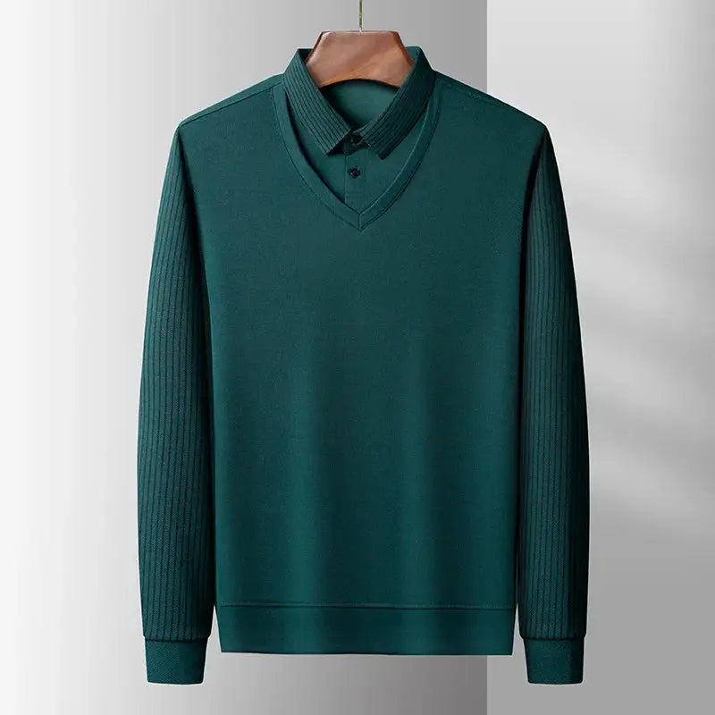 Men's teal long-sleeve knit polo sweater with ribbed sleeves and V-neck collar.
