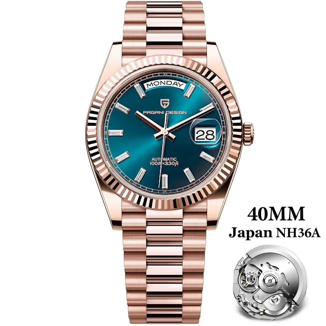 Pagani Design 40mm rose-gold men's automatic watch with blue dial, day/date window, rose-gold steel bracelet