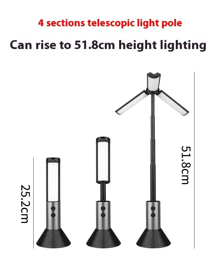 Simples Market rechargeable outdoor camping light with telescopic pole; foldable lamp, black base; height 25.2–51.8 cm