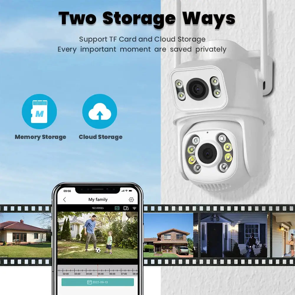 4K 8MP HD dual-lens outdoor wireless security IP camera with PTZ, auto-tracking, and memory or cloud storage options