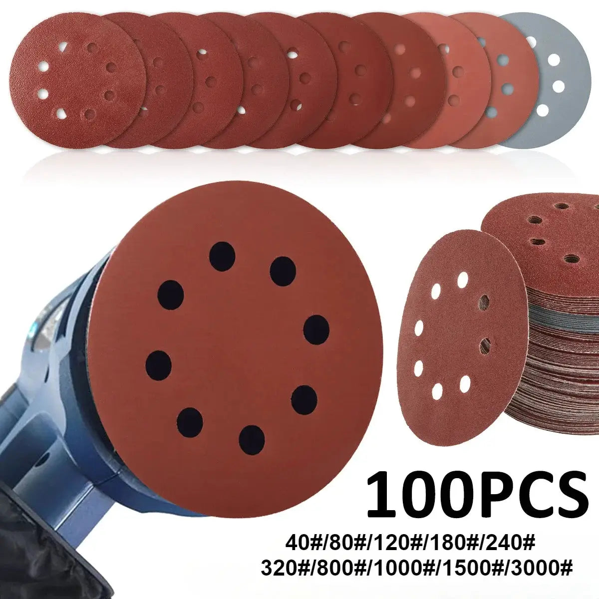 100 Pieces 5 Inch 8 Hole Alumina Sanding Discs For Metal Wood Glass Car Polishing Abrasive Tool