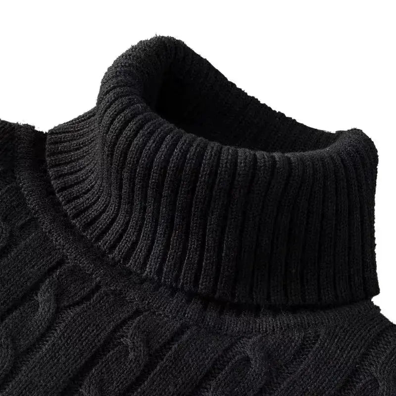 Men's black heavyweight knitted turtleneck sweater with ribbed knit