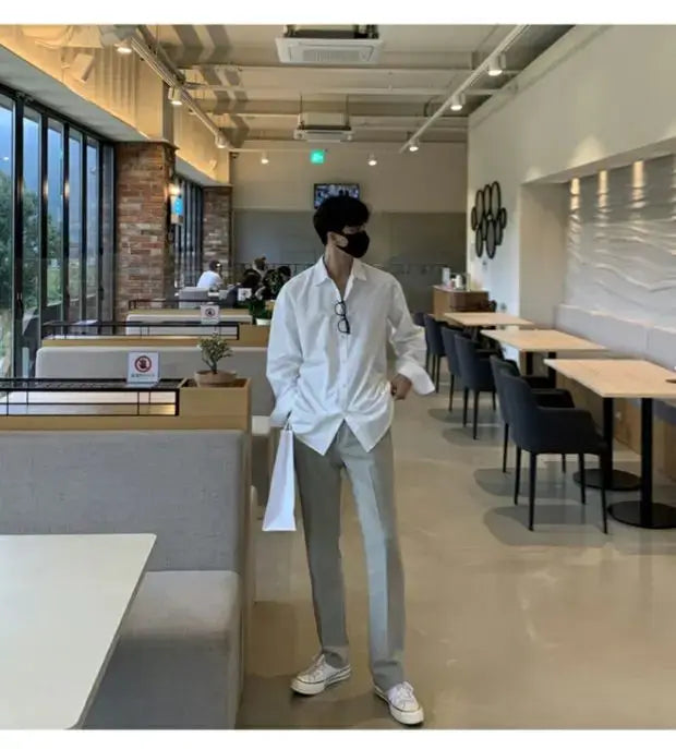 Simples Market white long-sleeve shirt, Korean business style, slim-fit solid color top