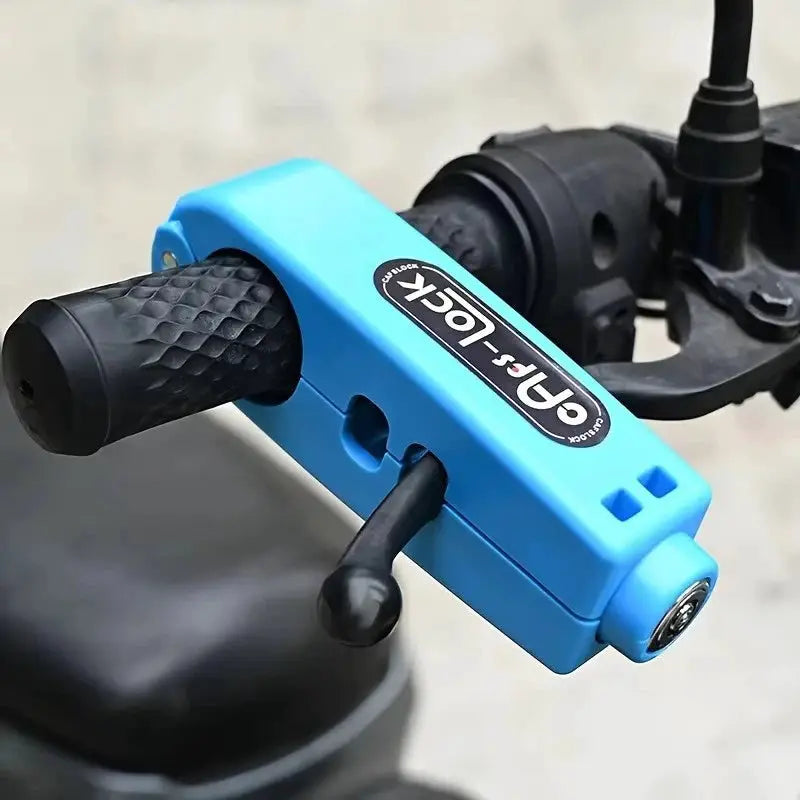 Motorcycle handlebar lock anti-theft throttle grip, blue, adjustable universal fit.