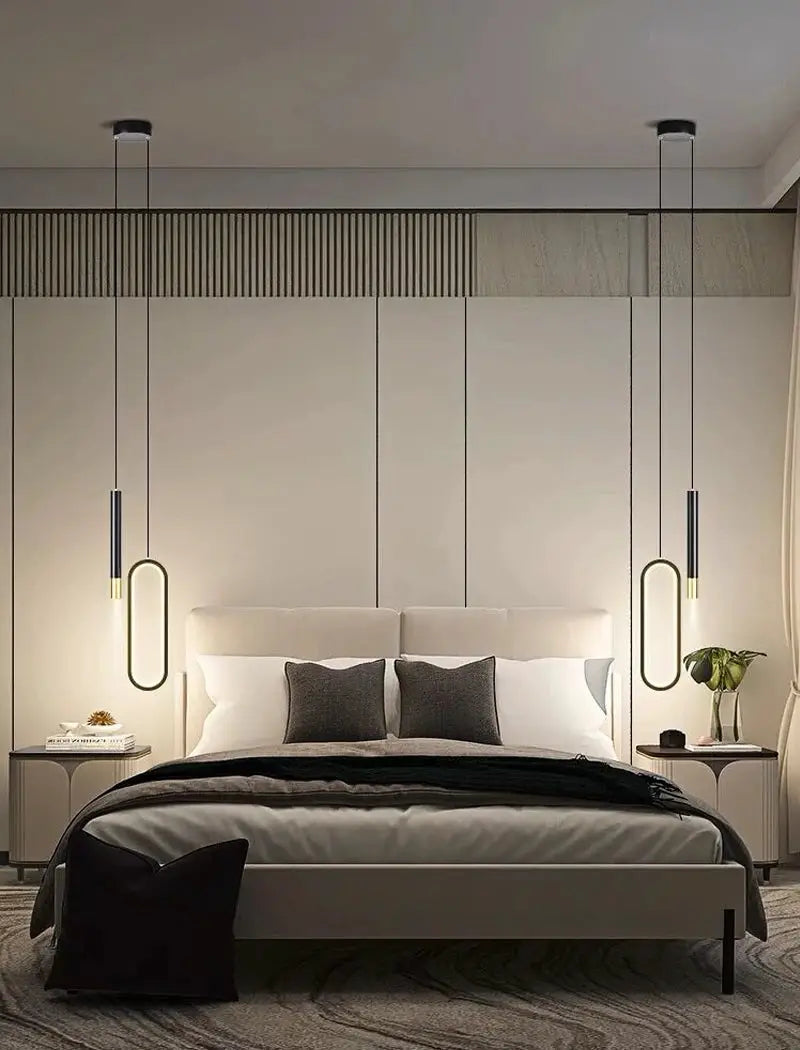 Simples Market Nordic LED pendant light pair for bedroom, oval vertical-ring lamps over nightstands
