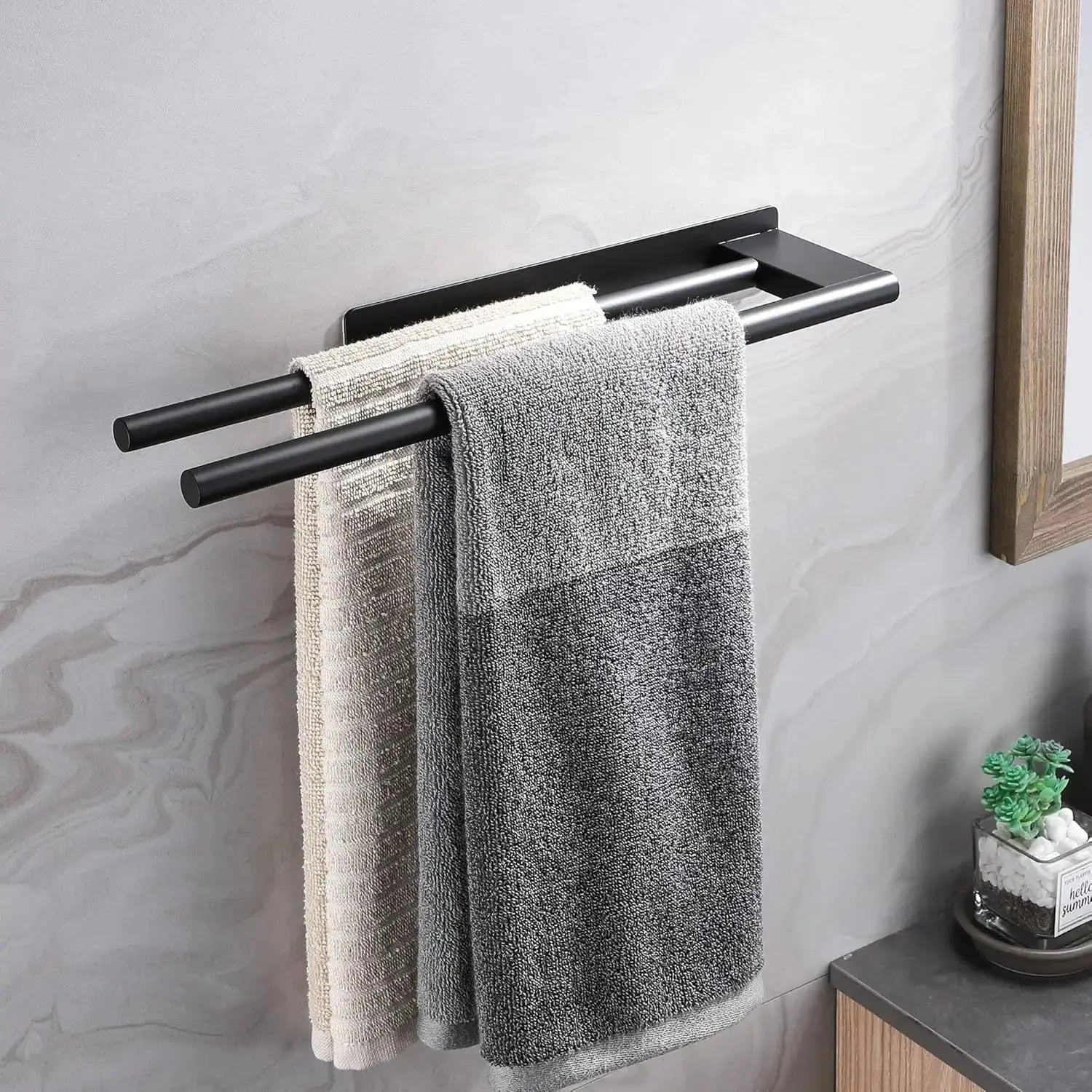 Bathroom towel rack with double matte-black stainless steel bars and no-drill adhesive mount