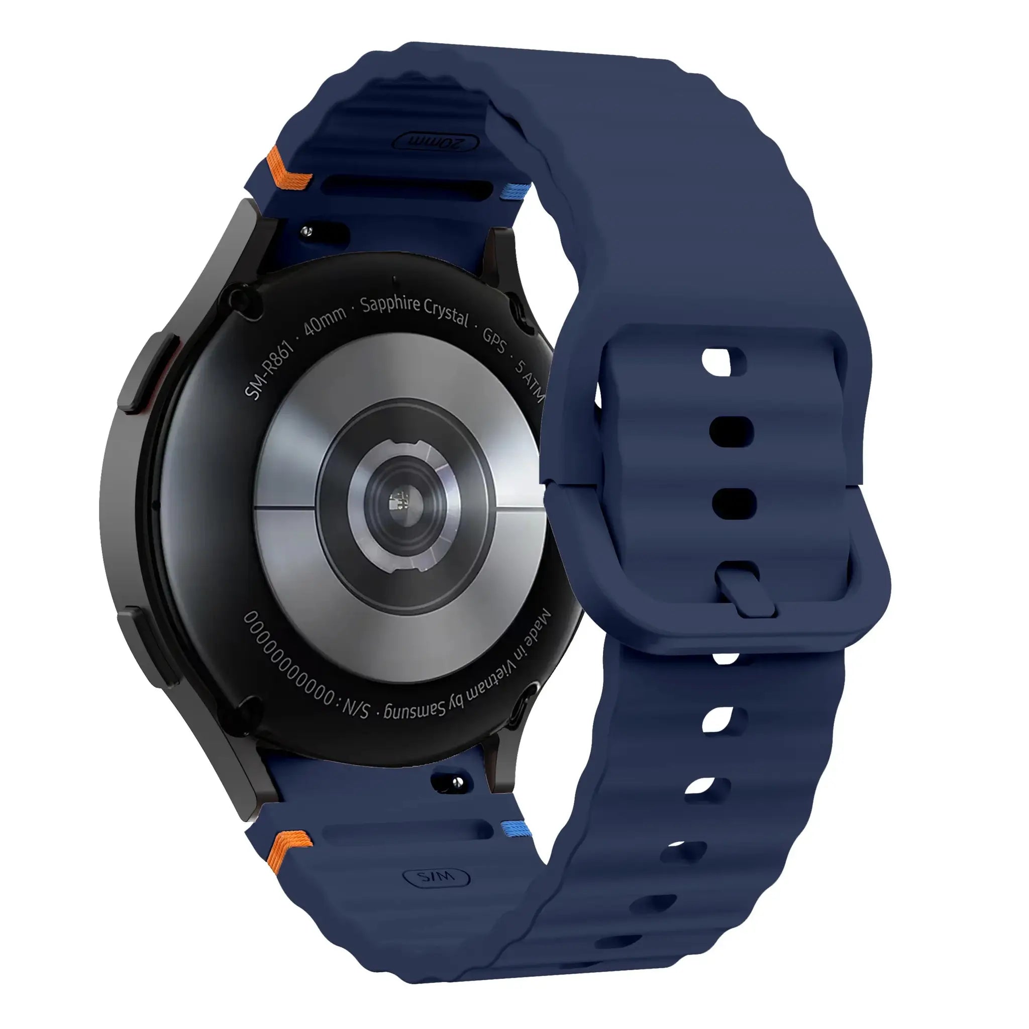 Original silicone watch band for Samsung Galaxy Watch, blue strap with orange and blue loop accents