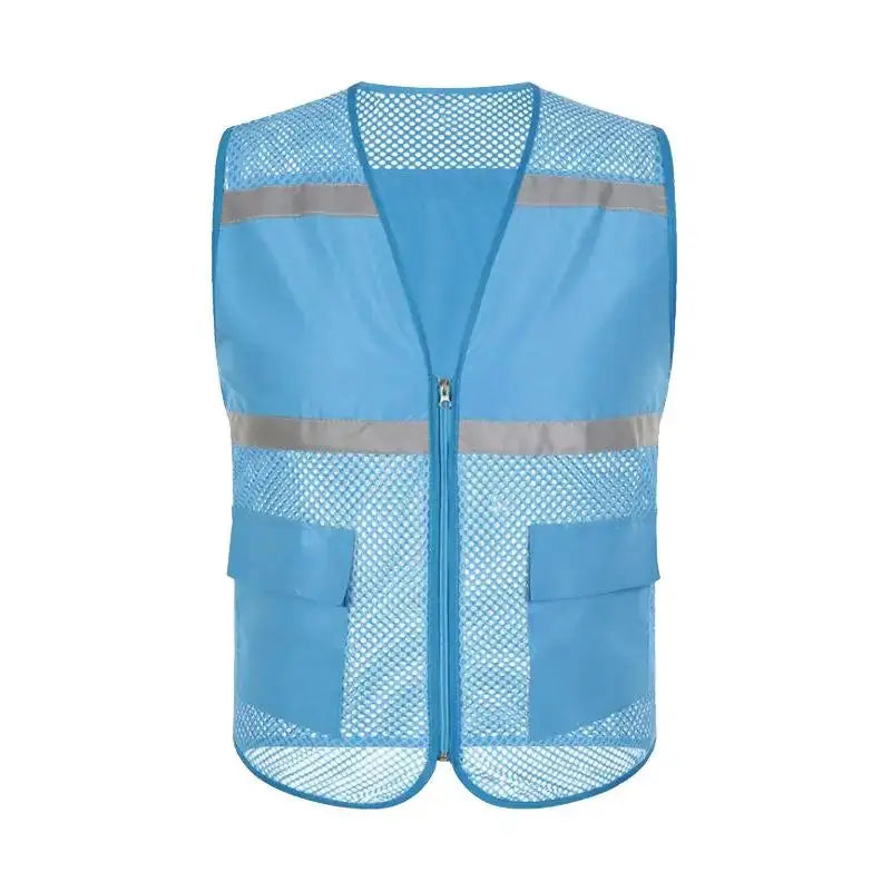 Volunteer fishing safety sleeveless vest in blue with mesh panels, reflective tape, and front pockets.