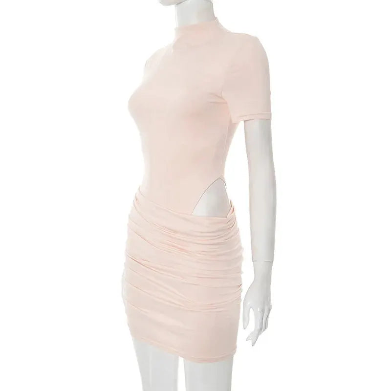 Mozision Hollow Out Ruched Mini Dress Half High Collar Club Party