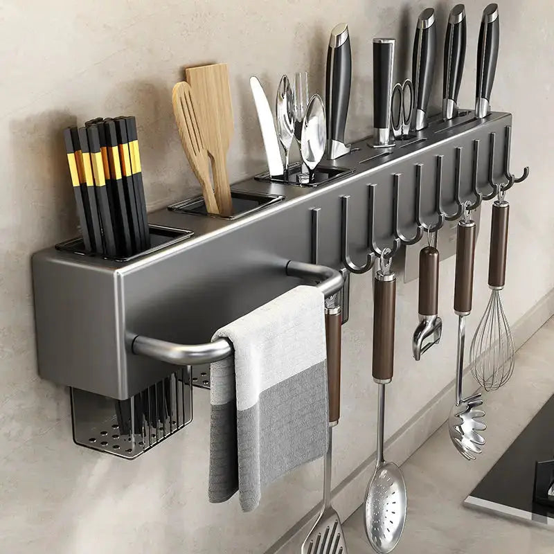Simples Market tool-free wall-mounted kitchen shelf with utensil rack; stainless steel finish for knives and spoons