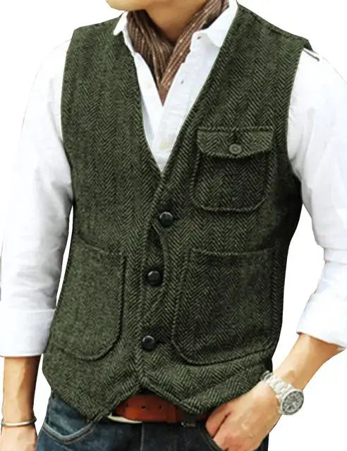 Men's vest in brown herringbone wool tweed, V-neck, single-breasted waistcoat with front pockets