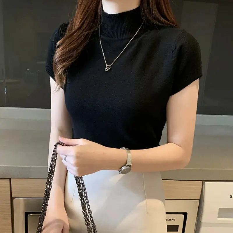 Korean Chic Half High Neck T Shirt Women Jumper Slim Fit Knit Top Spring Summer Solid Color