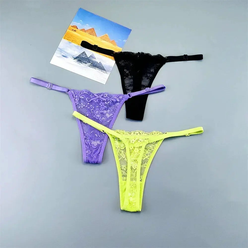 3-pack lace thong underwear set in black, purple, and neon yellow with adjustable straps and T-back cut