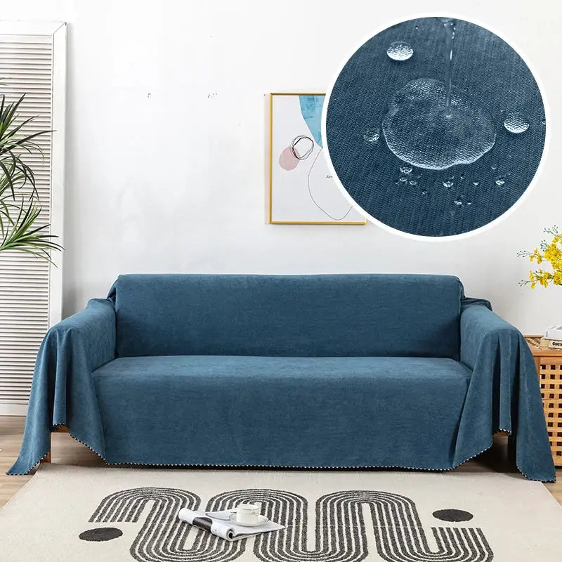 Blue waterproof sofa cover for living room, durable solid color fabric with water beading detail