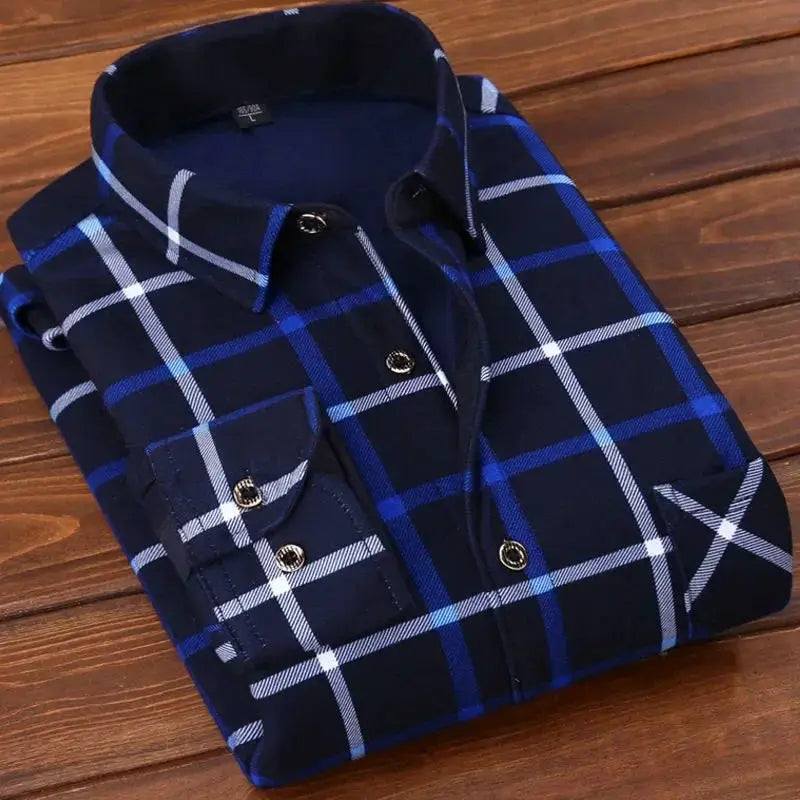 Simples Market men's plaid flannel shirt, navy blue with white and light blue checks, long sleeve, button-front.