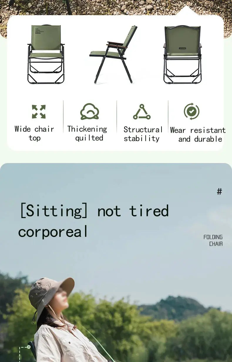 BISINNA folding camping chair in olive green with a black metal frame, portable lounge for picnic, beach or hiking.
