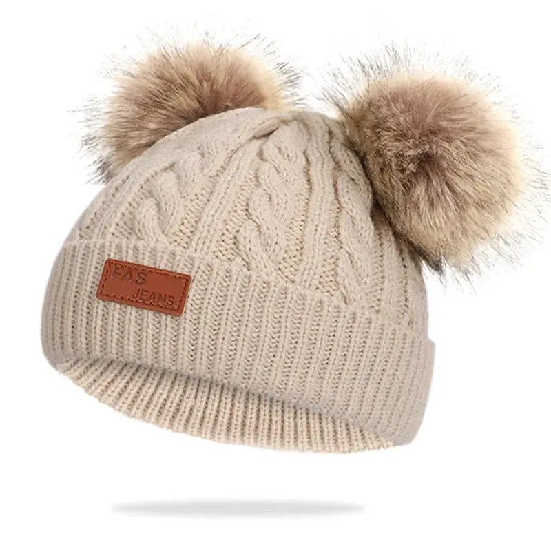 Cute Double Wool Pompom Baby Hat For Kids Warm Autumn Winter Knitted Beanie Cap For Boys And Girls