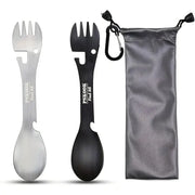 PSKOOK 5-in-1 camping spork set by Simples Market; silver and black utensils with gray carry pouch