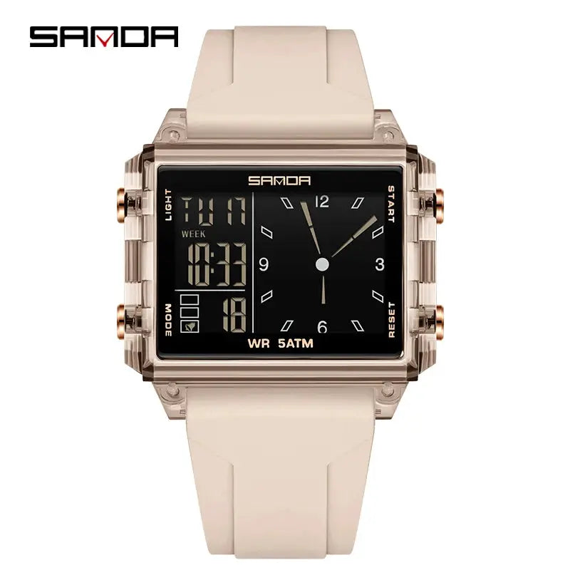 SANDA 6273 square dual-time wristwatch; rose-gold case with beige strap, digital-analog display, water resistant 5ATM