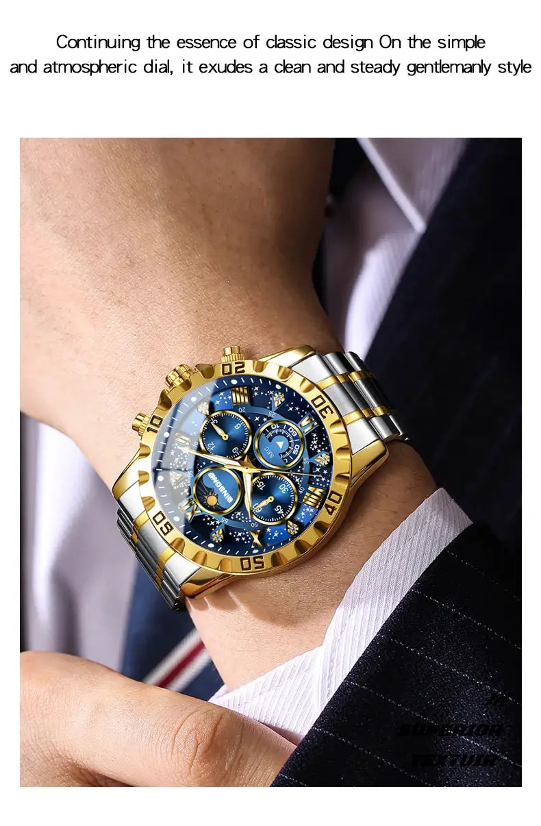 BINBOND men's quartz chronograph watch with blue dial and gold-silver two-tone stainless steel bracelet
