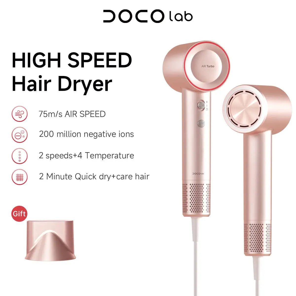 DOCO hair dryer rose gold; high speed 75m/s, 200M negative ions, 2 speeds plus 4 temperatures, lightweight travel model