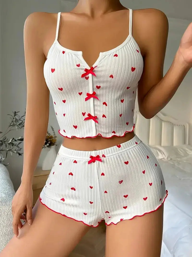 DreamEase Sleepwear Women Pajamas Set Heart Print Ribbed Fabric Cami Top And Shorts Soft Ribbed Comfort