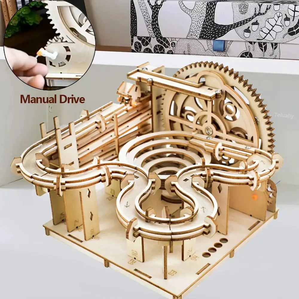 3D Wooden Puzzle Mechanical Model Building Kit Marble Run Set With 4 Balls For Adults And Kids Gift