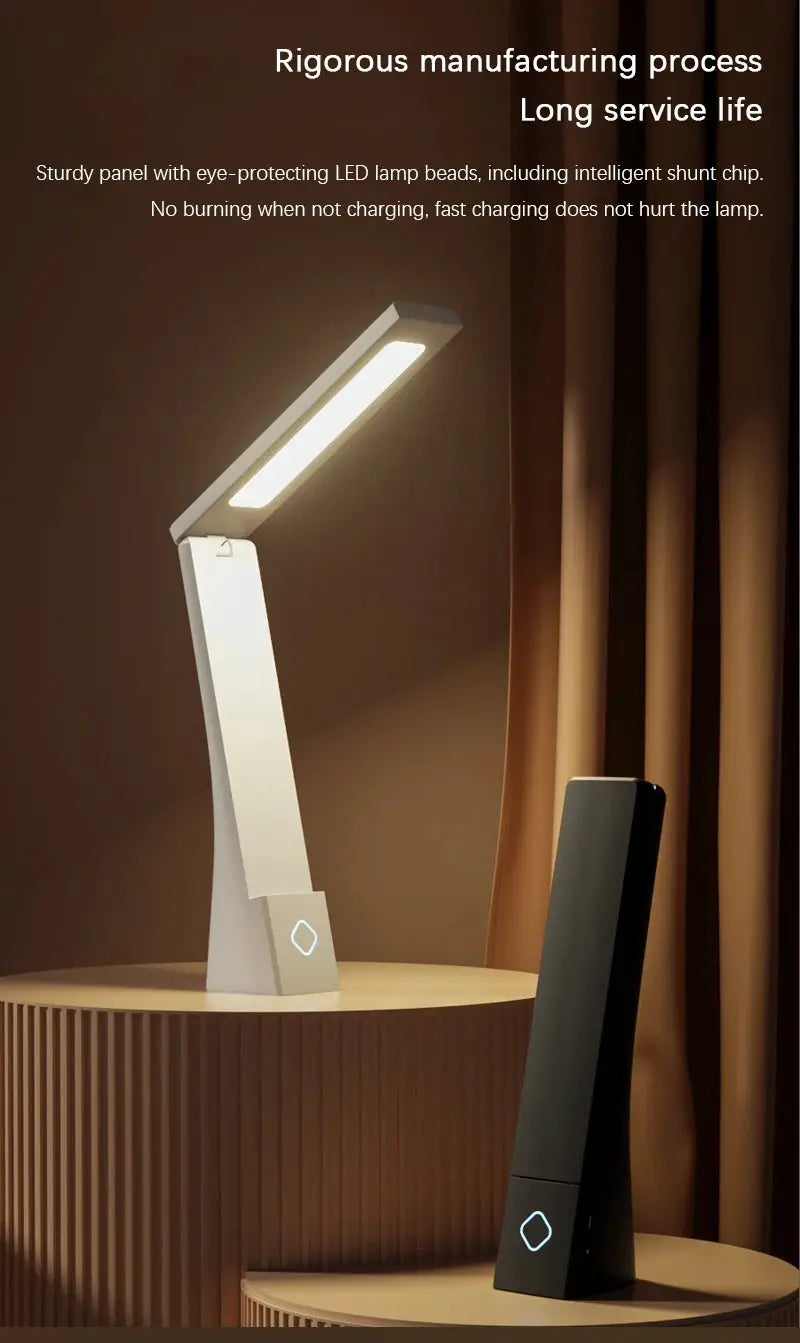 Simples Market LED desk lamp set with foldable, eye-protection light in white and black on round wooden stands