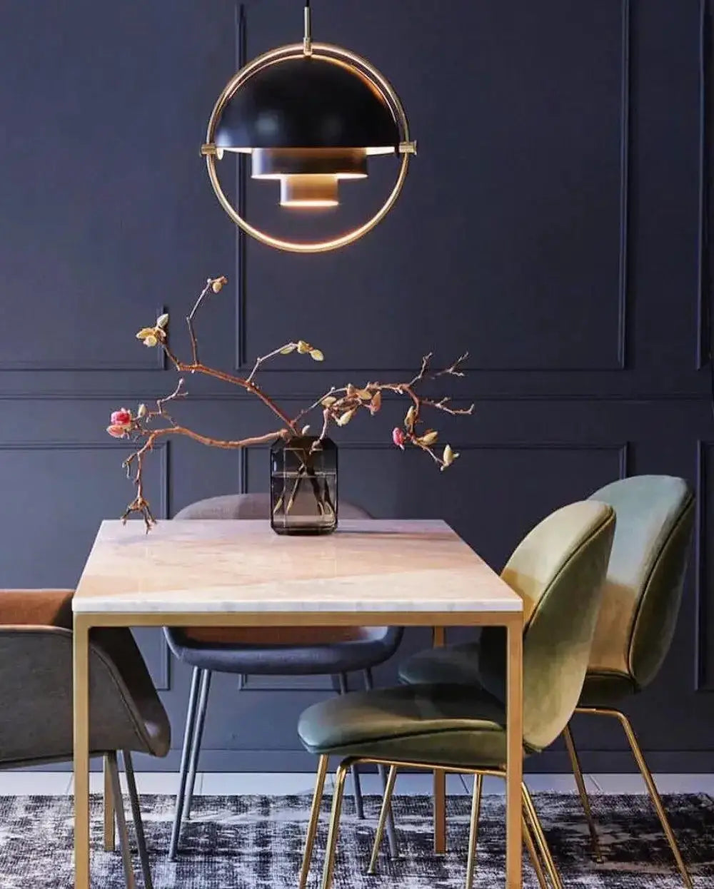 Pendant light for kitchen island with circular iron-gold chrome frame and black shade by Simples Market