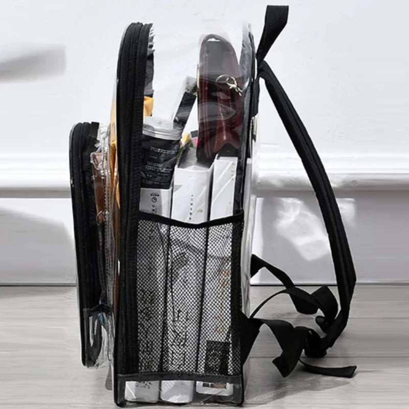 Backpack transparent clear school bag with multiple items visible inside, large capacity, Simples Market