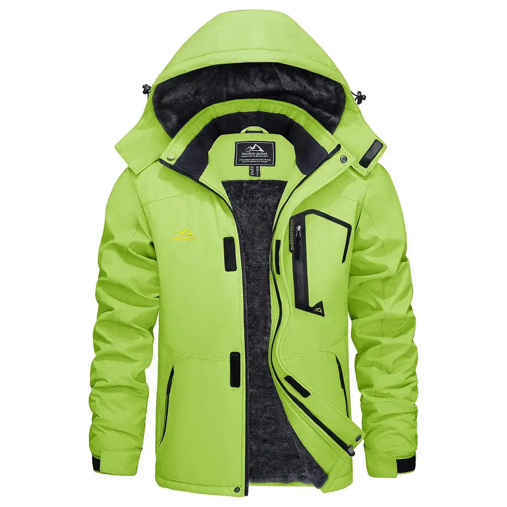 KEFITEVD men's lime green winter ski jacket with fleece lining and multiple zip pockets