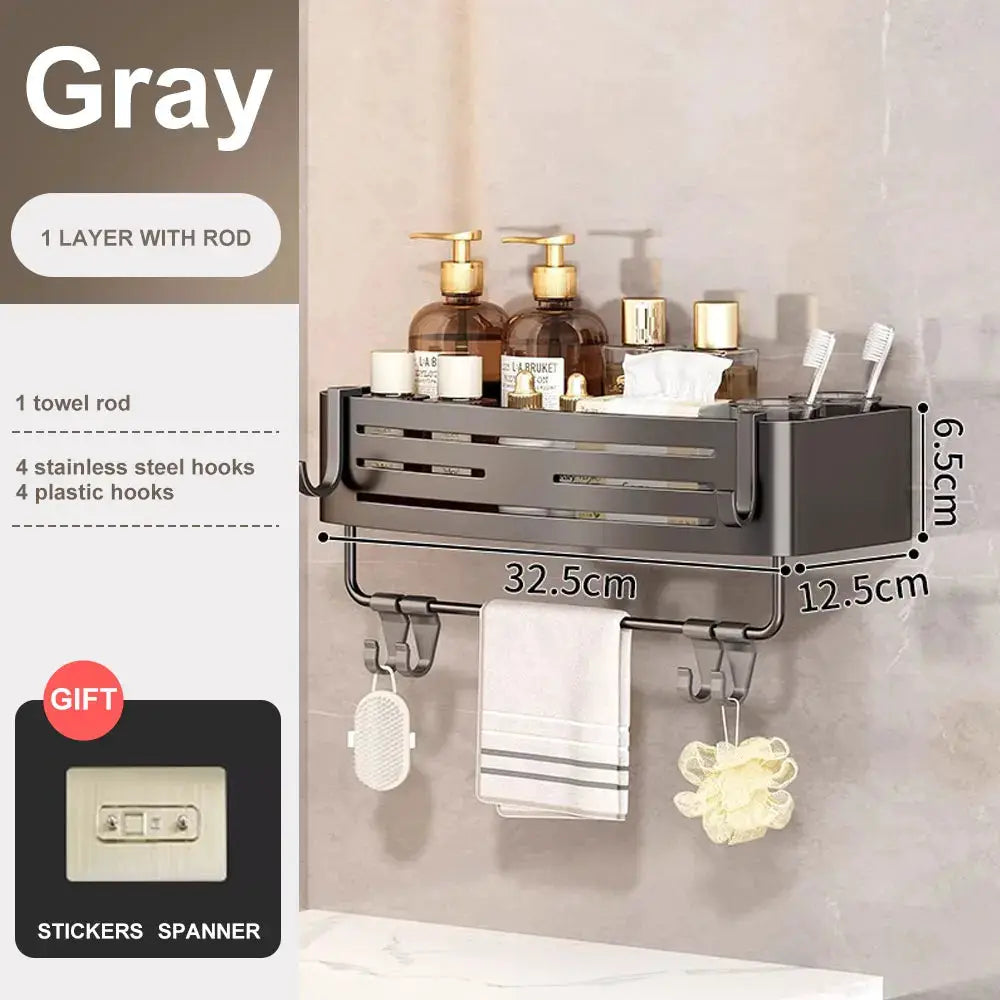 Bathroom corner shelf in gray aluminum with towel rod and 8 hooks (4 stainless steel, 4 plastic)