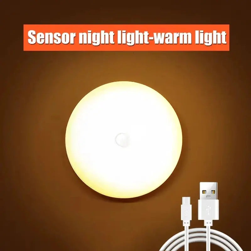 LED night light with motion sensor; 1 round warm-white lamp and USB charging cable