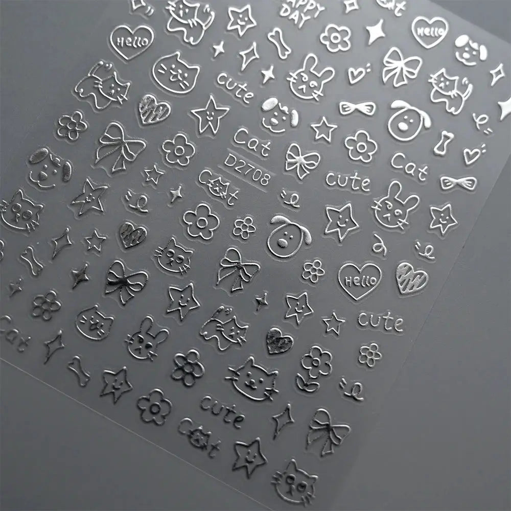 12-sheet cartoon nail sticker set by Simples Market with metallic silver outlines of cats, dogs, bows and stars