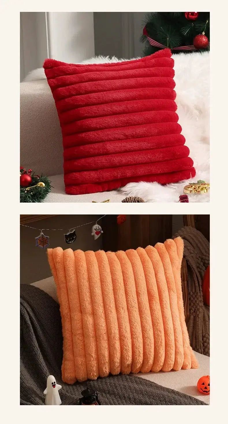Two faux rabbit fur cushion covers: red striped plush pillow cover and peach ribbed fluffy cushion cover.