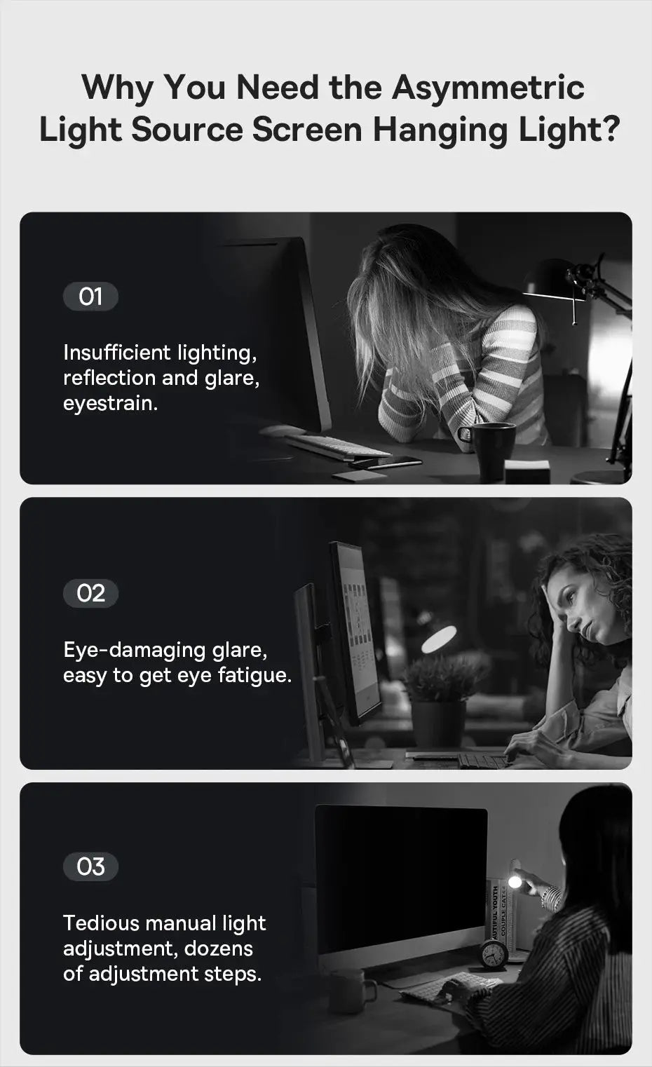 Baseus screen light desk lamp by Simples Market; black USB monitor desk light shown in a three-panel infographic.