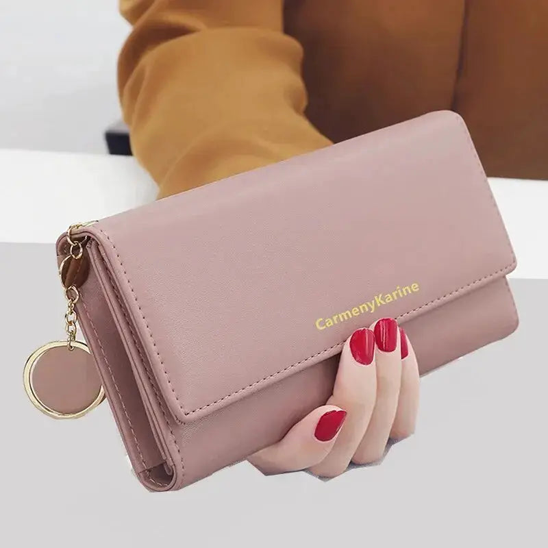 Women's long PU leather wallet by CarmenyKarine in mauve pink with card holder and gold-tone round charm