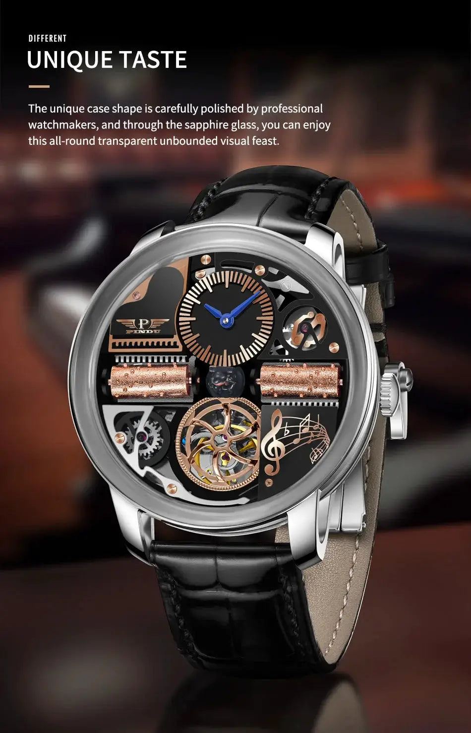 Simples Market PINDU skeleton machinery watch for men, stainless steel case, sapphire glass, blue hands, music motif
