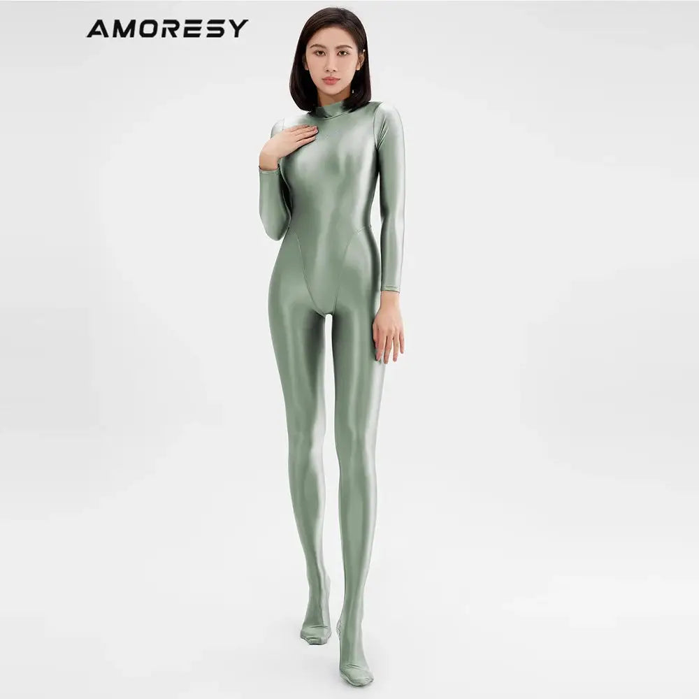 AMORESY women's metallic green wetlook catsuit fullbody jumpsuit with long sleeves, glossy finish