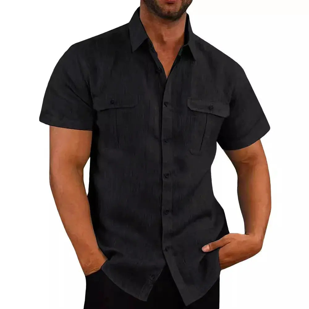 Men's short-sleeve black cotton-linen shirt with double chest pockets, slim fit