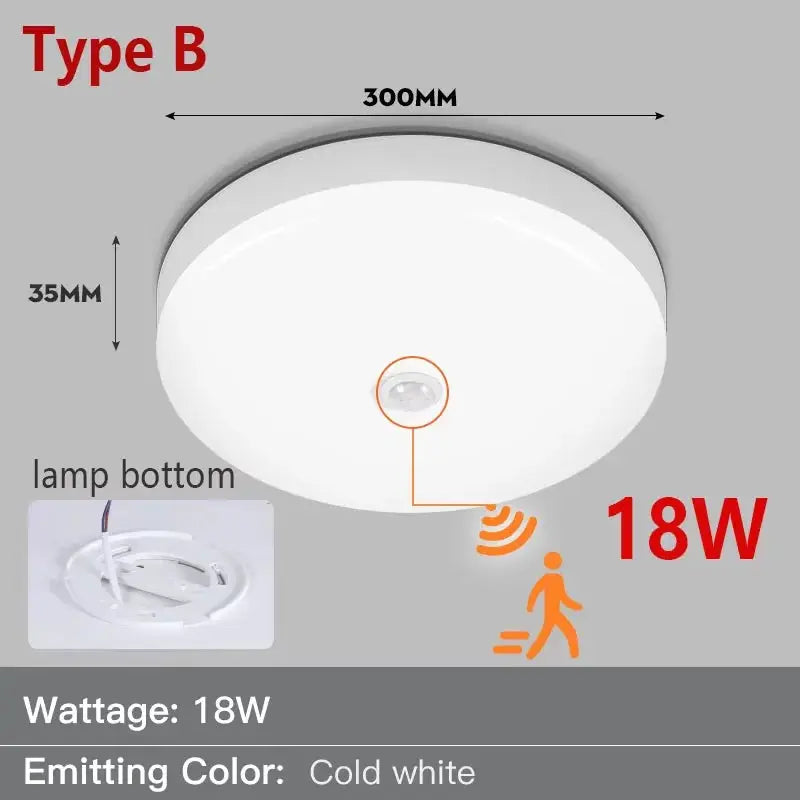Radar ceiling light with motion sensor, Type B, round white LED lamp, 18W, 300mm diameter, cold white, Simples Market.